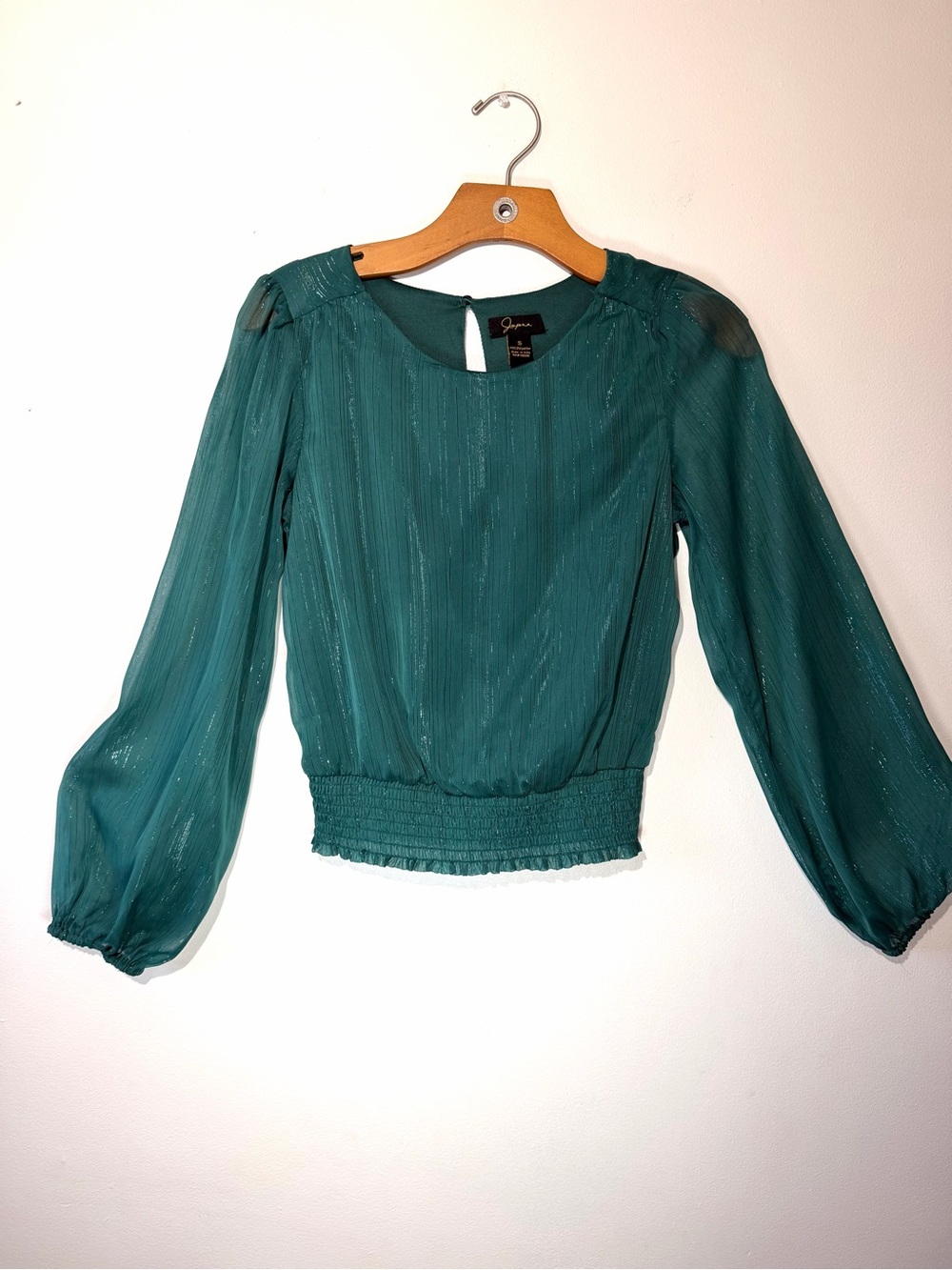 Japna Teal Green Long-Sleeve Smocked Waist Blouse